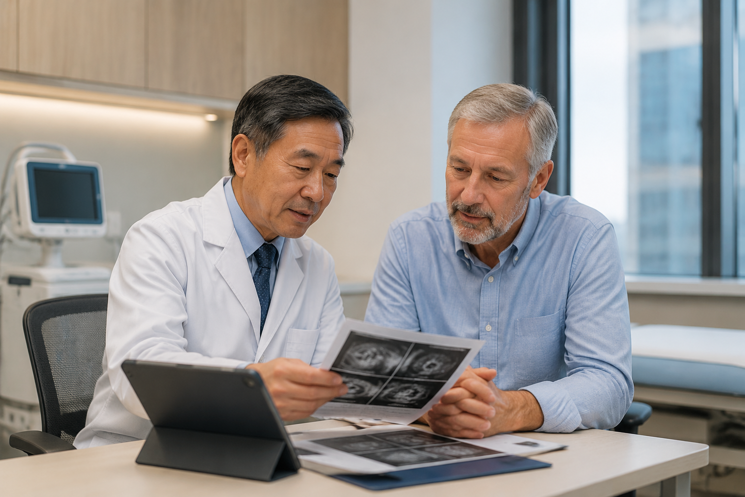 Chinese doctor reviewing examination materials with an international patient