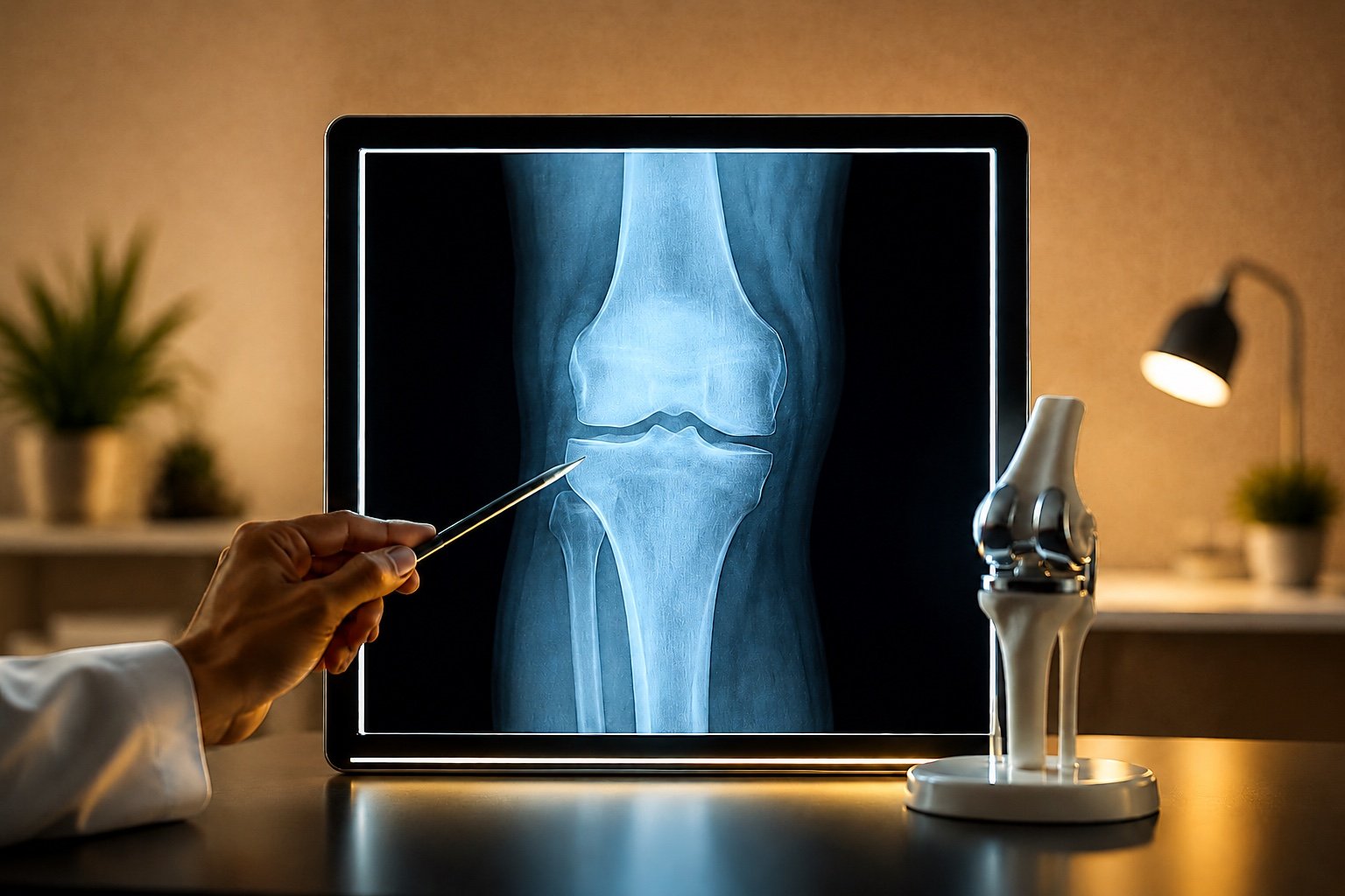 Conceptual orthopaedic image with an illuminated knee X-ray, implant model and warm hospital wall