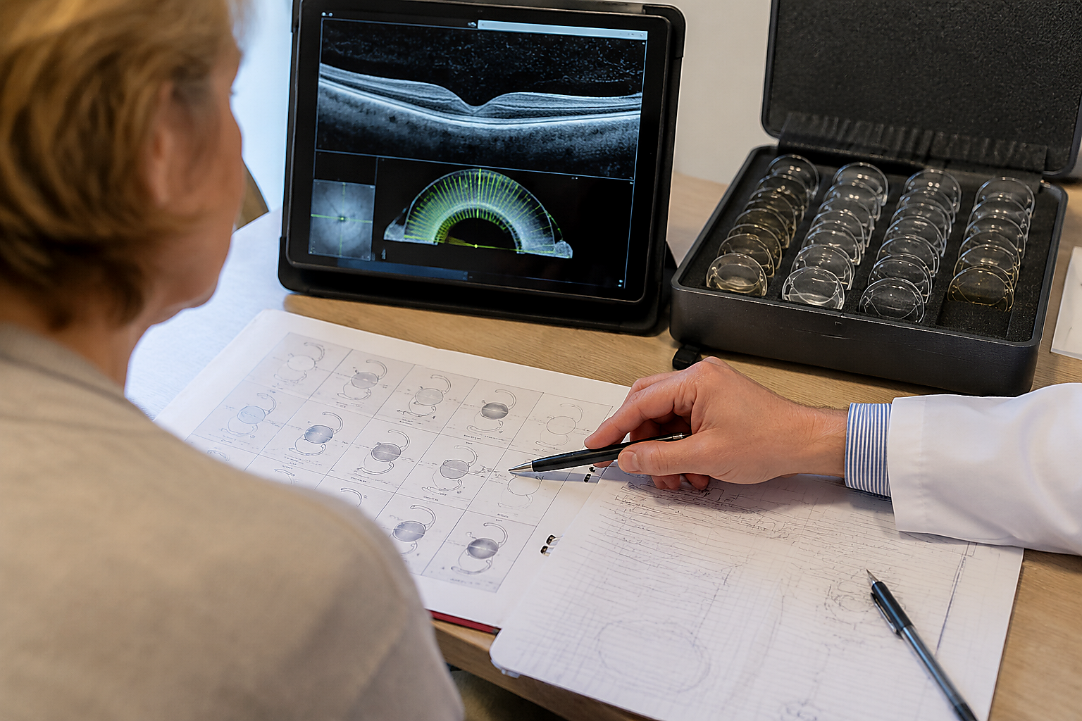 Eye specialist reviewing intraocular lens options during a lens surgery consultation