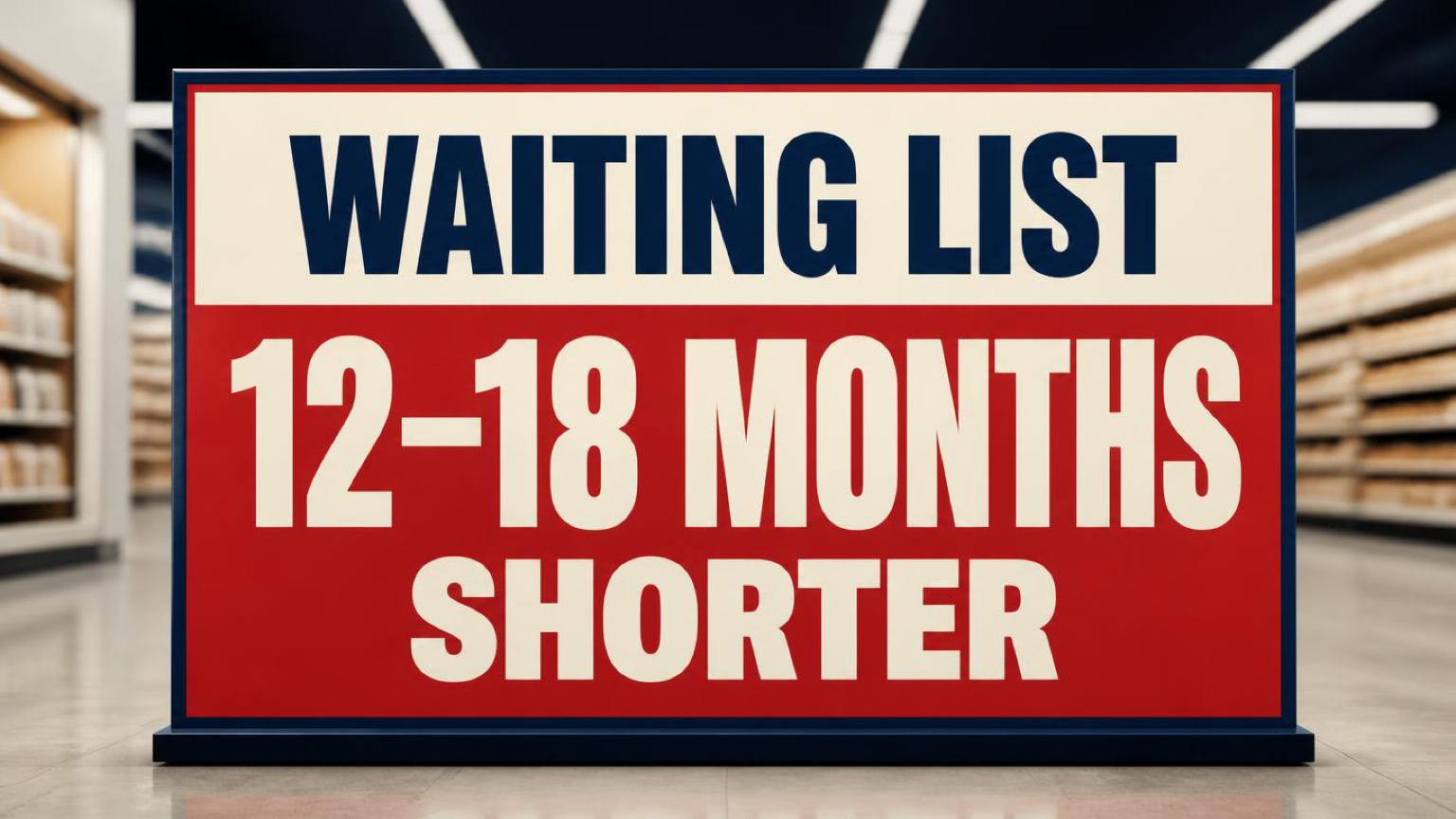 Promotional-board illustration reading Waiting List 12 to 18 Months Shorter