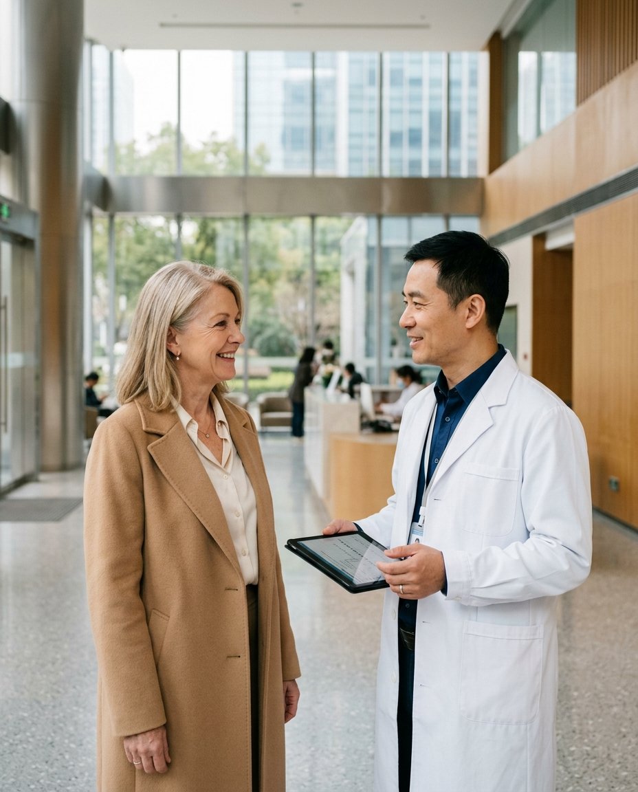 Chinese doctor discussing treatment planning with an international patient in a modern hospital