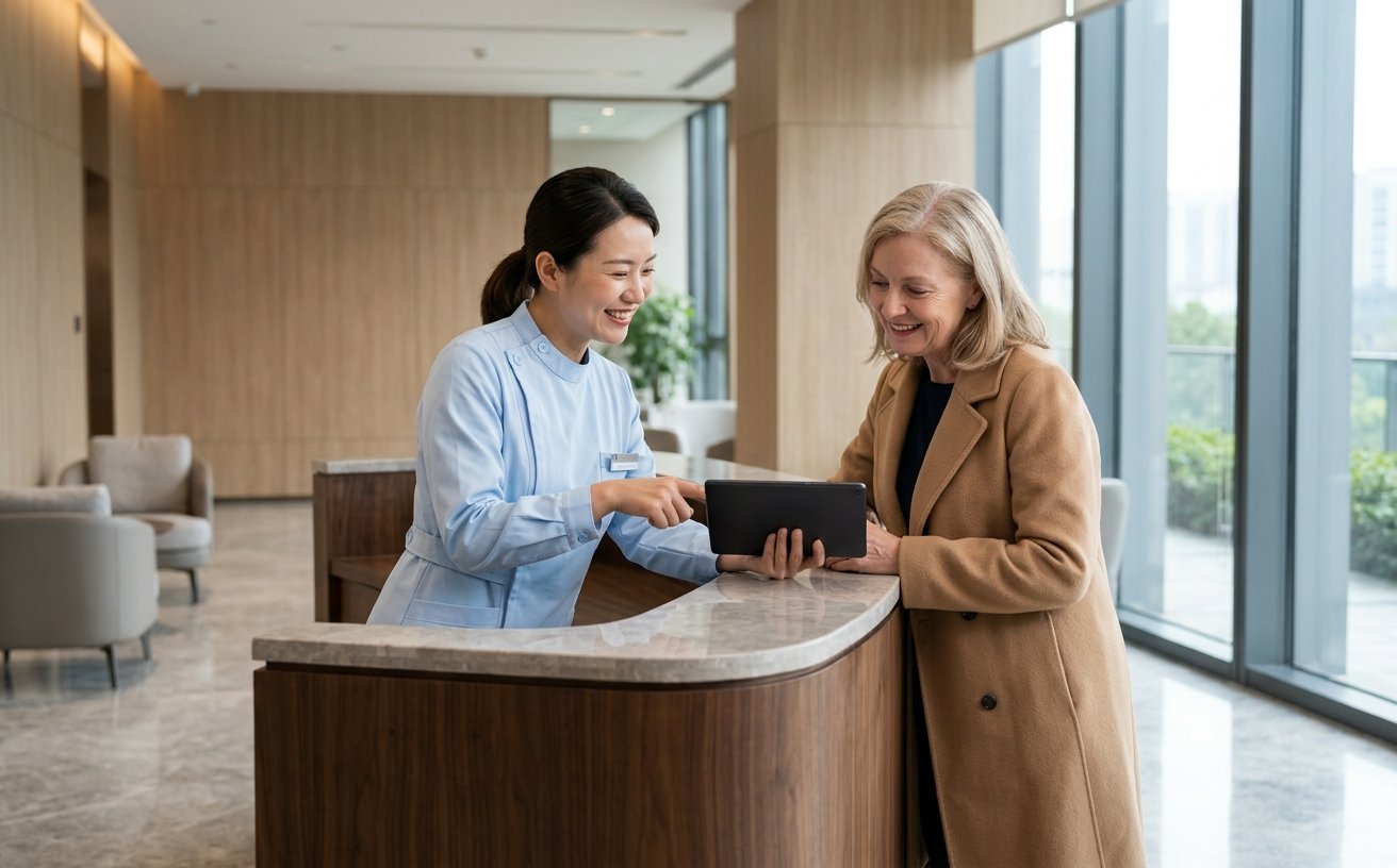 International patient receiving health screening support in a modern hospital